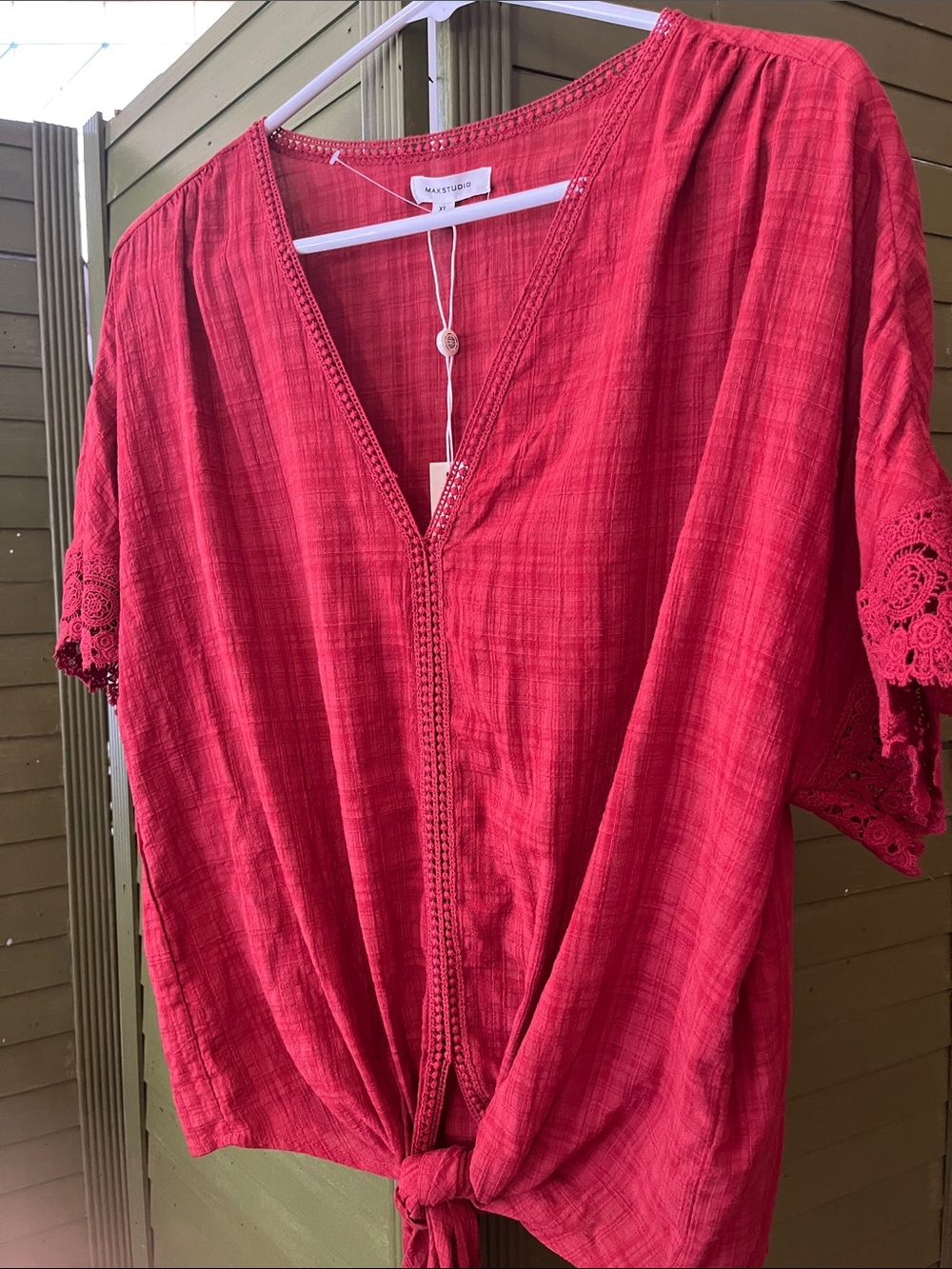 Max Studio burnt orange rust  Tie Front Crochet Sleeve Blouse top shirt v neck